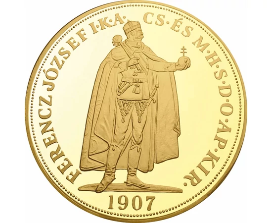 // 100 korona utánveret érem, 100 korona - a legnagyobb névérétkű aranykorona, aranyozott rézötvözet, eredeti érem: Osztrák-Magyar Monarchia, eredeti érme: 1907-1908 // A koronázási jubileumi érme megteremtette az igényt a legnagyobb névértékű aranykorona