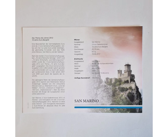 San Marino emlék 2 eurója - alkalmi kibocsátás sorszámozott borítékban, 2012