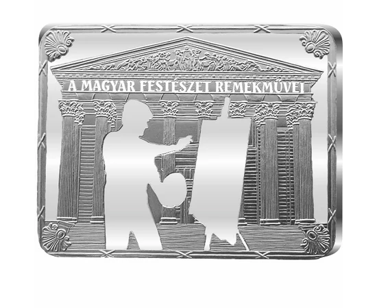 Magyar festészet remekei - érem hátoldal - tükörveret festő sziluett kiállítócsarnok előtt