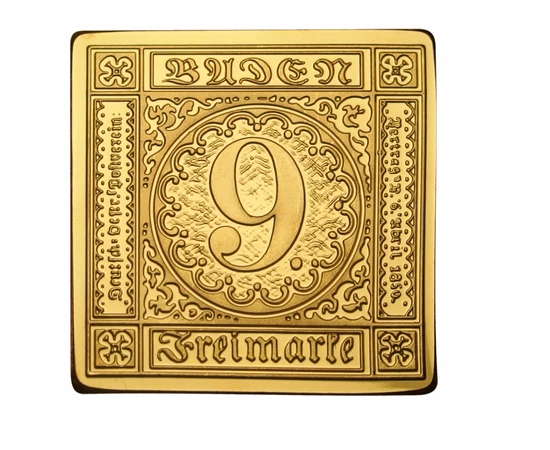 Baden, 9 krajcár, 1851, bélyegérem, aranyozott