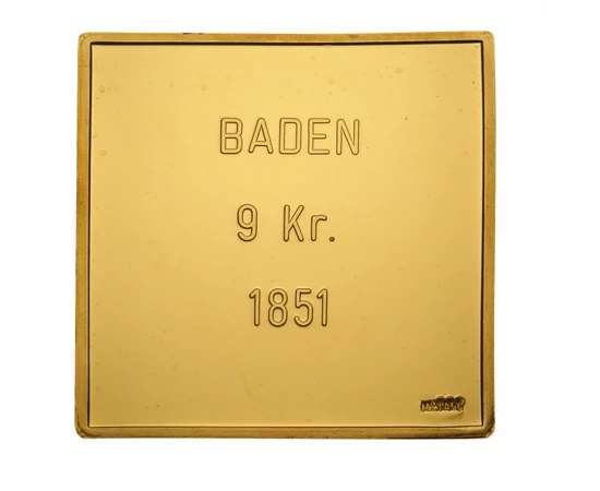 Baden, 9 krajcár, 1851, bélyegérem, aranyozott
