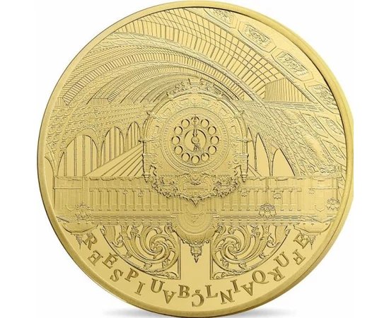 // 5 euró, 999-es arany, Franciaország, 2016 // - Párizs UNESCO örökség helyszíneit bemutató színarany érmék utolsó darabja. A korábbi pályaudvarból kialakított Musée d'Orsay kupolacsarnoka és tükrözve az 1900-as világkiállításra épített Petit Palace jele